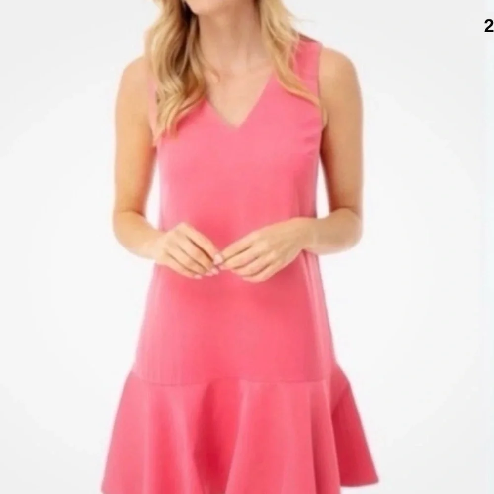 Tuckernuck Gina V-neck drop waist ruffle sleeveless shift dress midi pink M
